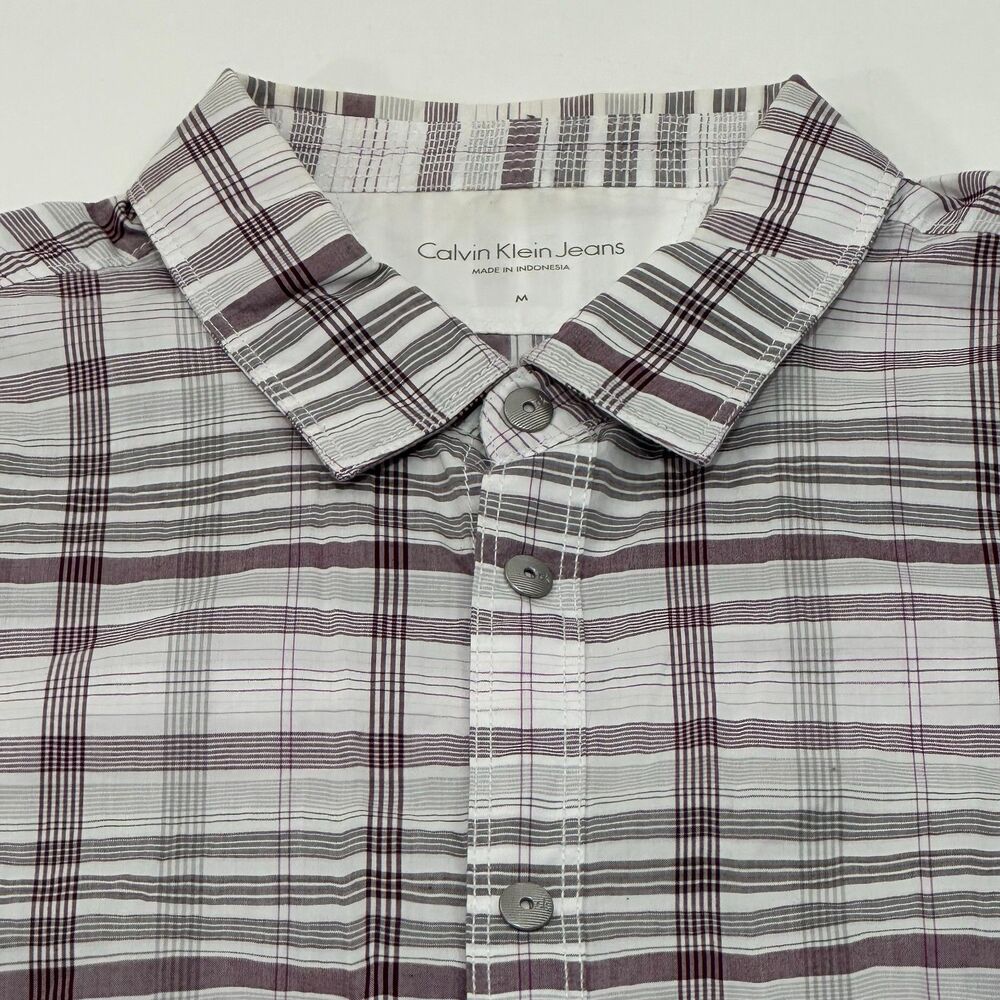 Calvin Klein Jeans Men's Button-Up Plaid Shirt White Gray Maroon Size M